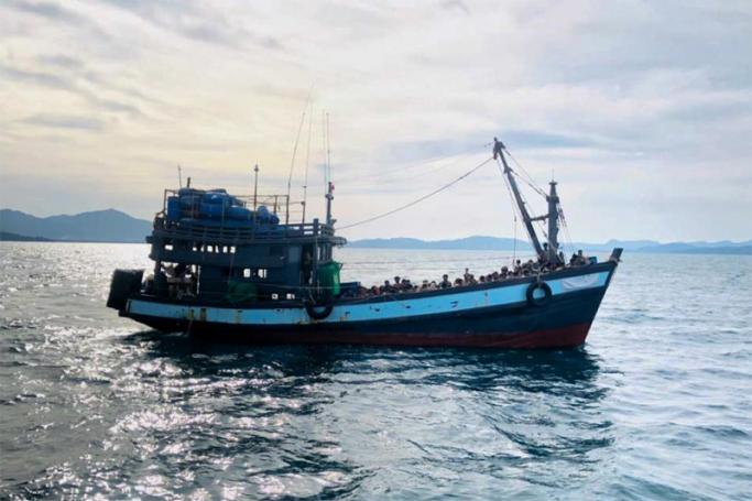 (File) This handout photo taken and released on April 5, 2020 by the Malaysian Maritime Enforcement Agency shows a wooden boat carrying suspected Rohingya migrants detained in Malaysian territorial waters off the island of Langkawi. Photo: AFP