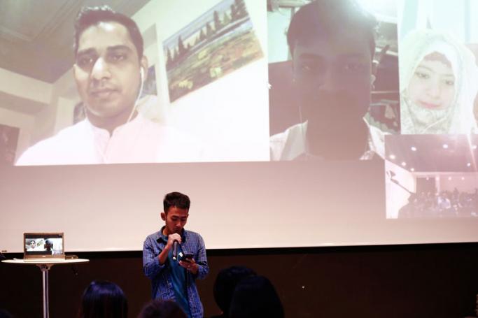 This photo taken on January 25, 2020 shows Rohingya Muslim poets reciting poems via a video link during the "Poetry for Humanity" event in Yangon. Photo: Sai Aung Main/AFP