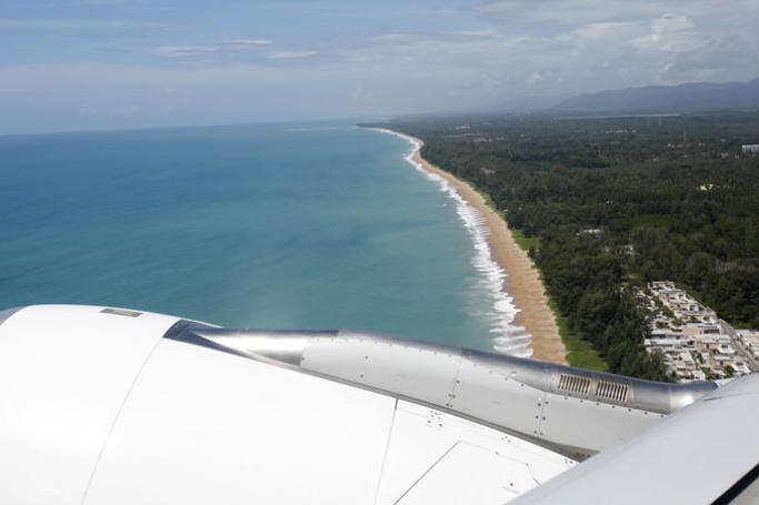 View from takeoff as a Thai Smile aircraft takes off from Phuket Aiport located directly next to the beaches in the resort island of Phuket, southern Thailand. Photo: Barbara Walton/EPA