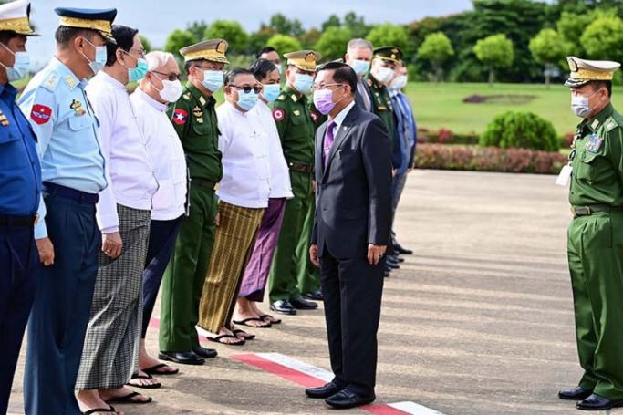 SAC members see off State Administration Council Chairman Commander-in-Chief of Defence Services Senior General Min Aung Hlaing at Nay Pyi Taw military airport. Photo: MNA