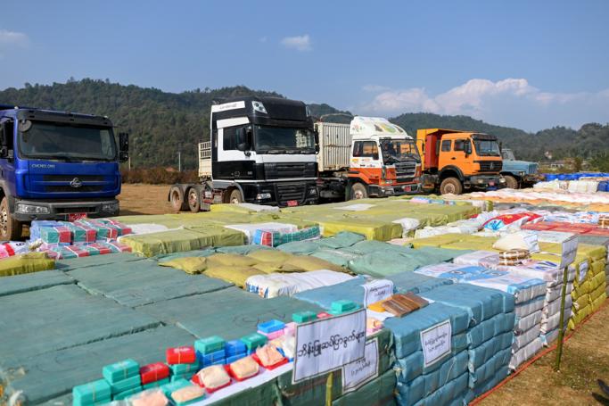 Seized drugs, vehicles, laboratory accessories and precursor chemicals are being displayed to be witnessed by invited military attaches and journalists in Kawnghka at Shan State on March 6, 2020. Photo: Ye Aung Thu/AFP