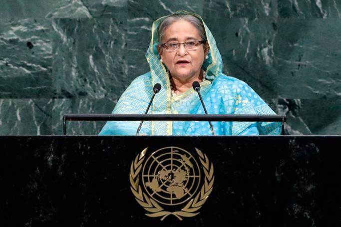 Prime Minister of Bangladesh Sheikh Hasina speaks during the General Debate of the 72nd United Nations General Assembly at UN headquarters in New York, New York, USA, 21 September 2017. Photo: Jason Szenes/EPA

