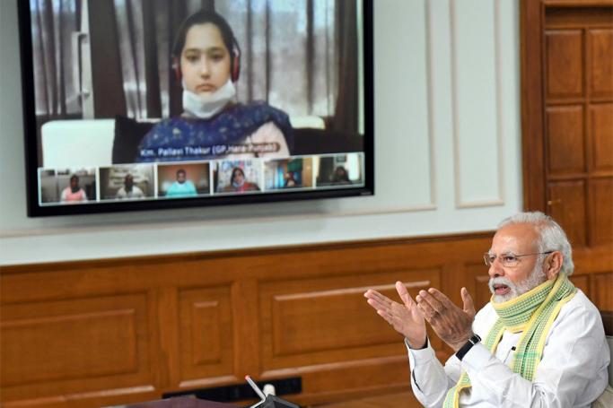 The Prime Minister, Shri Narendra Modi interacting with the Sarpanchs from across the country on the occasion of the National Panchayati Raj Divas through Video-Conferencing, in New Delhi on April 24, 2020. Photo: Prime Minister of India