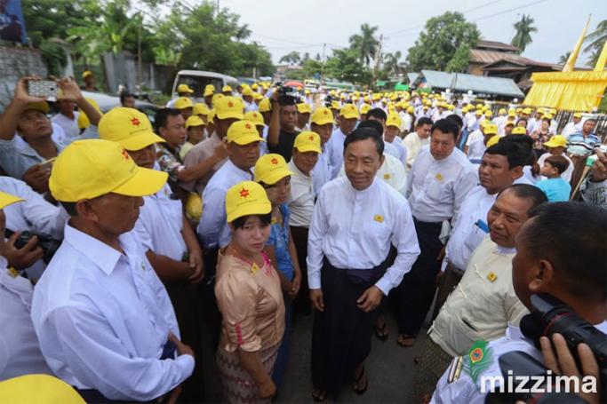 Shwe Mann (C), chairman of the Union Betterment Party (UBP) greets with his supporters during the party opening ceremony in Bago on 14 May 2019. Photo: Thura/Mizzima