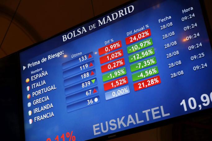 A screen shows the risk premium figures of various European countries at the Stock Market in Madrid, Spain, 28 August 2015. Photo: Sergio Barrenechea/EPA
