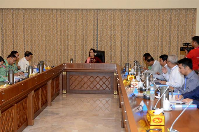 State Counsellor Daw Aung San Suu Kyi chairs the coordination meeting on the formation of the National Reconciliation and Peace Centre (NRPC). Photo: MNA
