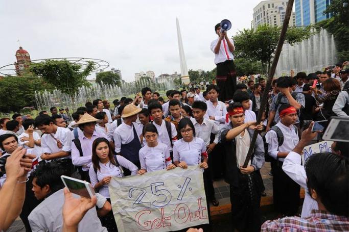 Students protest in downtown Yangon, Myanmar on 30 June 2015. Photo: Thet Ko/Mizzima
