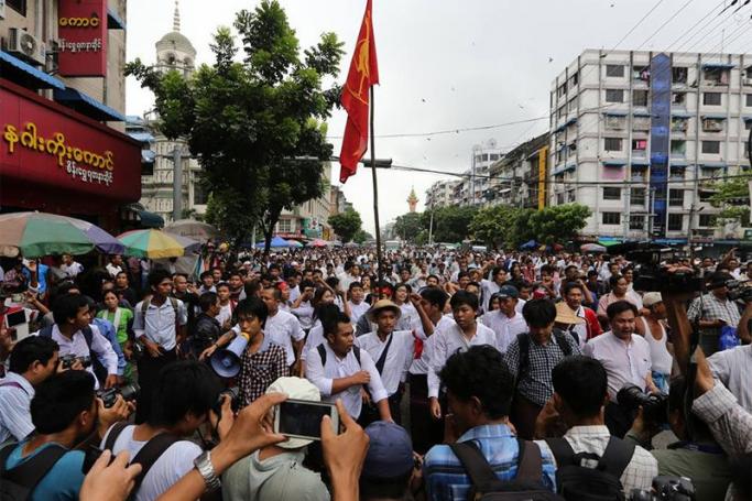 Students march during a protest in Yangon on 30 June 2015. Photo: Thet Ko/Mizzima
