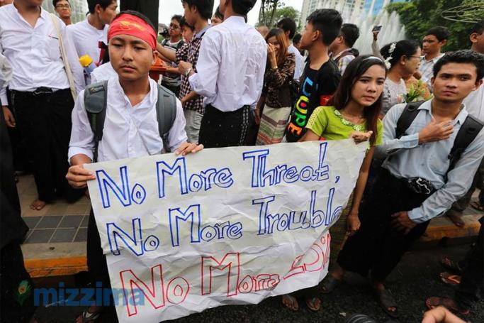 Students protest in downtown Yangon, Myanmar on 30 June 2015. Photo: Thet Ko/Mizzima 
