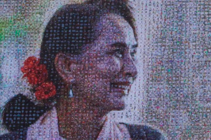 A large mosaic-like combo-picture of Myanmar State Counsellor Aung San Suu Kyi made from portraits of 7,500 supporters holding wish placards on the day ahead of her 75th birthday in Yangon, Myanmar, 18 June 2020. Photo: Lynn Bo Bo/EPA