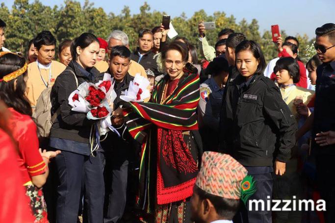 State Counsellor Aung San Suu Kyi arrives at Tamu near Indo-Myanmar border on January 23. Photo: Thura/Mizzima