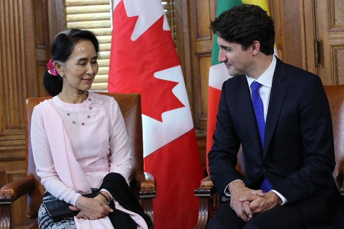 Myanmar State Counsellor Aung San Suu Kyi meets with Canadian Prime Minister Justin Trudeau in Ottawa, Ontario, on June 7, 2017. Photo: Lars Hagberg/AFP
