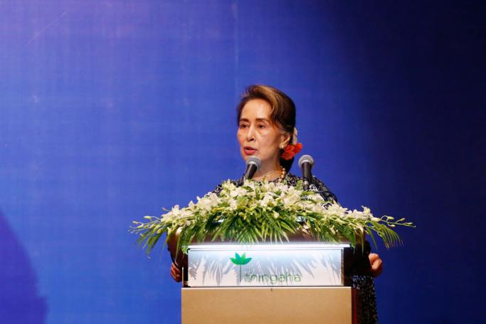 Myanmar's State Counselor Aung San Suu Kyi speaks during the Advisory Forum on National Reconciliation and Peace in Myanmar at Thingaha Hotel in Naypyitaw, Myanmar, 07 May 2019. Photo: Hein Htet/EPA