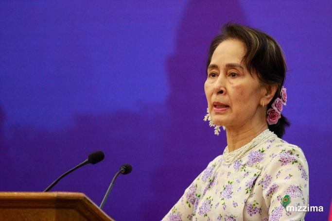 Myanmar's State Counselor Aung San Suu Kyi speaks during the Religions for Advisory Forum On National Reconciliation and Peace in Myanmar meeting at the Myanmar International Convention Center (MICC) in Nay Pyi Taw on 21 November 2018. Photo: Min Min/Mizzima