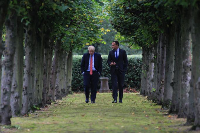 A handout photo provided by the Irish Government Information Service press office shows a meeting between Taoiseach Leo Varadkar (R) and British Prime Minister Boris Johnson in Thornton Manor, Cheshire, Britain, 10 October 2019. Photo: EPA-EFE