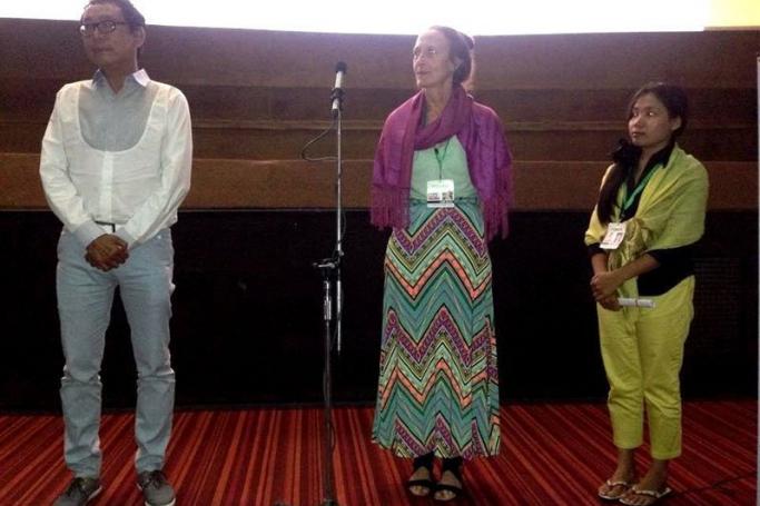 Aung Myo Min (L) and director Jeanne Marie Hallacy (C) and women’s rights activist May Sabe Phyu (R) at the film festival in Yangon on June 15, 2015. Photo: Aung Myo Min/Facebook
