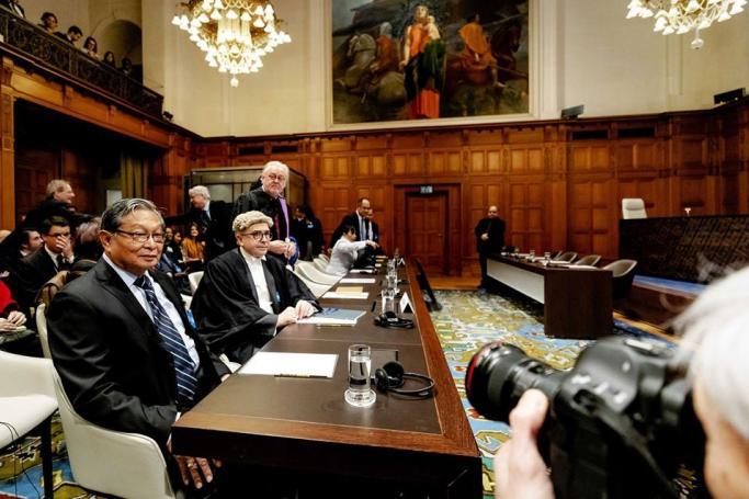 (File) Kyaw Tint Swe (L), Union Minister of Myanmar sits during the ruling of the International Court of Justice in the lawsuit filed by The Gambia against Myanmar, in The Hague, The Netherlands, 23 January 2020. Photo: Robin Van Lonkhuijen/EPA