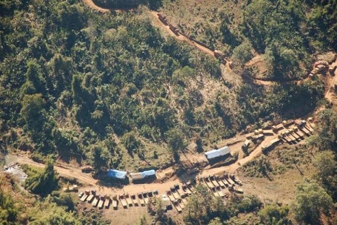Aerial view of logging trucks in Kachin State in January 2015. Photo: Ministry of Defence
