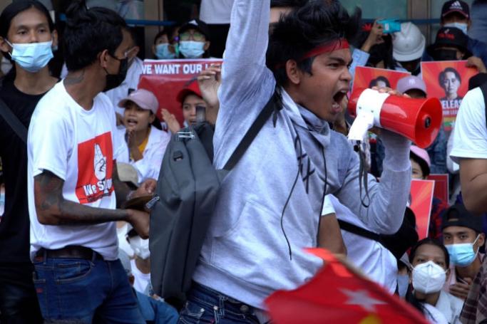  Zaw shouts during a protest. Photo: Padauk: Myanmar Spring