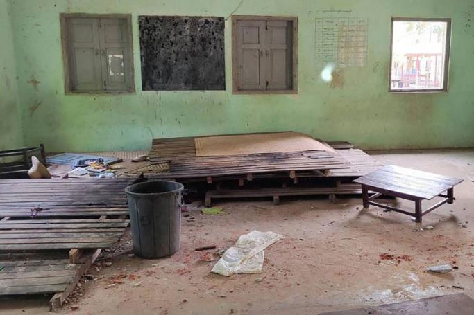 Debris and bloodstains on the floor of a damaged school building in Myanmar's northwest Sagaing region. Eleven schoolchildren were killed in an attack by a Myanmar military helicopter. Photo: AFP