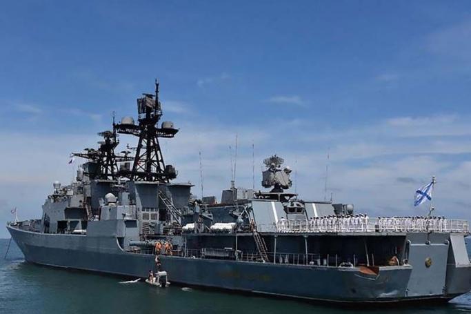 This handout photo taken and released on December 1, 2021 by the Indonesian fleet command Koarmada I shows the Russian destroyer Admiral Panteleyev off the waters of Belawan during a joint exercise between the Indonesian Navy, the Russian Navy and Association of Southeast Asian Nations (ASEAN) members. Handout / INDONESIAN FLEET COMMAND KOARMADA I / AFP