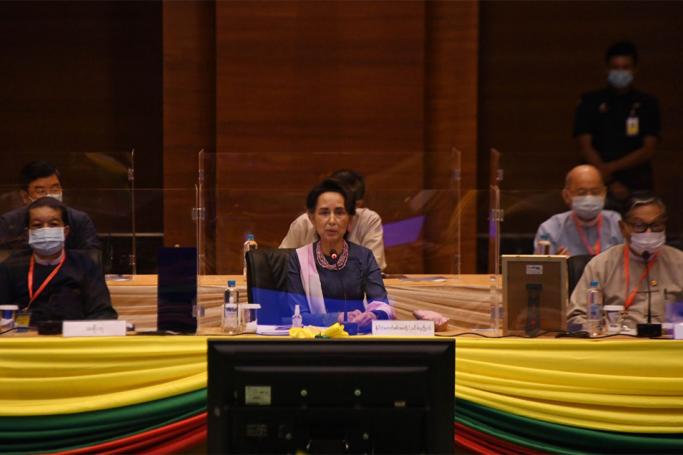 State Counsellor Daw Aung San Suu Kyi speaks during the UPDJC meeting on preparations for 21st Century Panglong Conference at the Ruby Hall of Myanmar International Convention Centre-I in Nay Pyi Taw on 17 August 2020. Photo: MNA