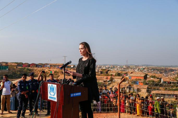 The United Nations High Commissioner for Refugees (UNHCR) special envoy, US actress, film-maker Angelina Jolie (C) talks to media during a press conference after her visit to Kutupalong camp for Rohingya refugees in Teknuf, Cox's bazar in Bangladesh, 05 February 2019. Photo: Suman Paul/EPA