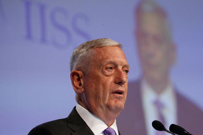 US Secretary of Defense James Mattis delivers his address during the first plenary session of the International Institute for Strategic Studies (IISS) 16th Asia Security Summit in Singapore, 03 June 2017. Photo: Wallace Woon/EPA
