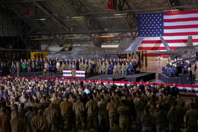 Members of the military listen as US President Donald J. Trump speaks on stage during the signing ceremony for the National Defense Authorization Act for Fiscal Year 2020 inside Hangar Six at Joint Base Andrews in Suitland, Maryland, USA, 20 December 2019. Photo: EPA