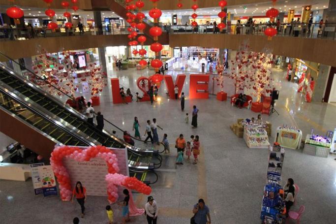 Shopping malls are cashing in on Valentine's Day, as here in a plaza in Yangon. Photo: Thura/Mizzima
