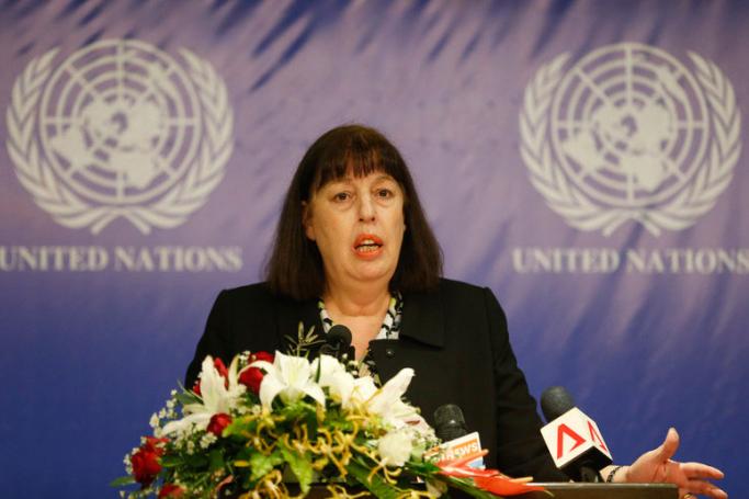 (File) Virginia Gamba, United Nations (UN) Special Representative of the Secretary-General for Children and Armed Conflict, talks to media during the press briefing about the first visit to Myanmar, Yangon, Myanmar, 29 May 2018. Photo: Lynn Bo Bo/EPA