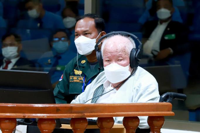 A handout photo made available by the ECCC shows Former Khmer Rouge leader Khieu Samphan (R) attending a hearing at the Extraordinary Chambers in the Courts of Cambodia (ECCC) in Phnom Penh, Cambodia, 22 September 2022. Photo: EPA