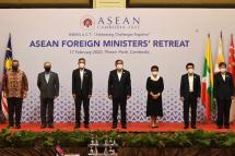 Asean foreign ministers pose for a photo in Phnom Penh on Feb 17. Photo: AFP