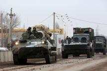 Russian army military vehicles are seen in Armyansk, Crimea, on February 25, 2022. Photo: AFP