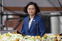 Taiwan's President Tsai Ing-wen speaks during national day celebrations in front of the Presidential Palace in Taipei on October 10, 2021. Sam Yeh / AFP