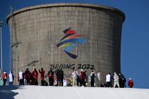 Athletes visit the Big Air Shougang venue in Beijing on February 3, 2022 ahead of the Beijing 2022 Winter Olympic Games. Photo: AFP