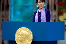 Nobel peace prize laureate, Myanmar opposition leader Aung San Suu Kyi gives her Nobel lecture in Oslo. Photo: AFP