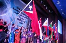 Representatives of the 10 countries of ASEAN plus Timor Leste proudly waving their flags in solidarity at the ASEAN People's Forum in Kuala Lumpur, April 22, 2015. Photo: ASEAN Peoples' Forum
