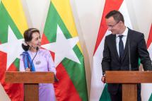 Myanmar's State Counselor Aung San Suu Kyi (L) and Hungarian Minister of Foreign Affairs and Trade Peter Szijjarto hold a press conference in the Ministry of Foreign Affairs and Trade in Budapest, Hungary, 05 June 2019. Photo: EPA