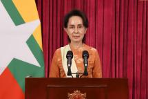 A handout photo made available by the Myanmar State Counselor Office shows Myanmar State Counselor Aung San Suu Kyi delivering a speech on State Television in Naypyitaw, Myanmar, 09 November 2020. Photo: EPA