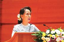 State Counsellor Daw Aung San Suu Kyi addresses the 2019 Conference on Implementing Development of Universities in Nay Pyi Taw yesterday. Photo: MNA