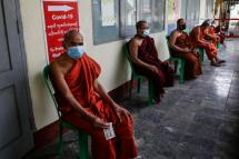 (File) uddhist monks wait for COVID-19 tests at the locked down Thayettaw monastery complex in Yangon, Myanmar, 30 October 2020. Photo: Lynn Bo Bo/EPA