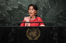 (File) In this file photo taken on September 21, 2016, Myanmar's State Counsellor and Foreign Minister Aung San Suu Kyi addresses the 71st session of the United Nations General Assembly at the UN headquarters in New York. Photo: AFP