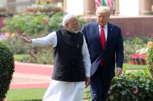 (File) Indian Prime Minister Narendra Modi (L) walks with US President Donald J. Trump (R) on their way to address the media after a meeting at Hyderabad House in New Delhi, India, 25 February 2020. Photo: EPA