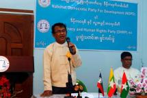 U Kyaw Min, chairman of the Democracy and Human Rights Party, speaks at a press conference in 2014 in Yangon. Photo: Thein Zaw/Facebook
