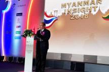 MIC Chairman Union Minister U Thaung  Tun delivers Keynote Speech at “Myanmar Insight 2018” in Bangkok. Photo: MOI
