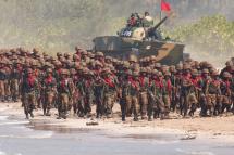 Military troops and tanks march the 'Sin Phyu Shin' joint military exercises in the Ayeyarwaddy delta region, Myanmar, 03 February 2018. Photo: EPA