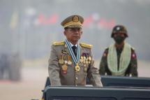 Myanmar military Commander-in-Chief Senior General Min Aung Hlaing (L) participates in a parade during the 76th Armed Forces Day in Naypyitaw, Myanmar, 27 March 2021. Photo: EPA