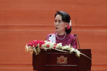(File) Myanmar's State Counselor Aung San Suu Kyi gives a speech on the Myanmar government's efforts with regard to national reconciliation and peace in Naypyitaw, Myanmar, 19 September 2017. Photo: EPA