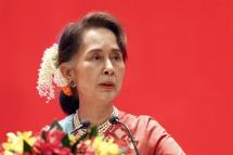 (FILE) - Myanmar State Counselor Aung San Suu Kyi speaks during the opening ceremony of Invest Myanmar Summit 2019 at the Myanmar International Convention Centre (MICC) in Naypyitaw, Myanmar, 28 January 2019 (reissued 27 April 2022). 